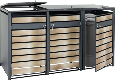 Produktbild von 3er Mülltonnenverkleidung HWC-J81, Mülltonnenbox, erweiterbar, Metall 82kg, anthrazit gold