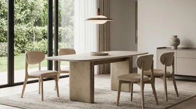 Immagine prodotto di Set da pranzo: tavolo e 4 sedie, design moderno ed elegante, colore beige, aspetto lussuoso