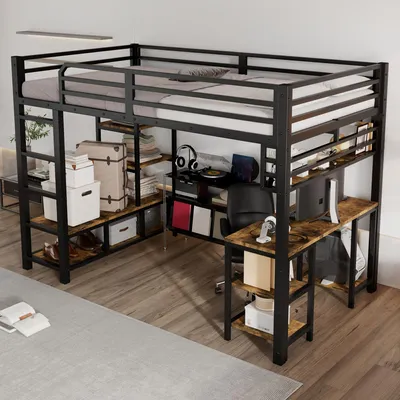 Produktbild von okwish Hochbett 120x200 Eisenbett mit Matratze,mit Ablagefläche und stabile Lattenroste,Bettgestell mit 4-stufige Leiter und  Schreibtisch,aus Eisen und Spanplatte,Schwarz