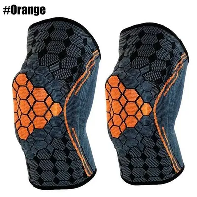 Produktbild von 2er-Set elastische Kniebeschützer mit atmungsaktivem Gitter für Laufen, Basketball, Fußball und Radfahren (Größe M, Orange)