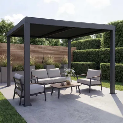 An outdoor living space with a modern pergola and seating area.