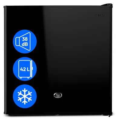 Produktbild von MEDION Mini Kühlschrank mit Schloss und Eisfach (klein, leise, 42L kleiner Kühlschrank für Büro Hotels Minibar Camping Gaming, Speisen & Eis, Türanschlag wechselbar, MD 370001) schwarz