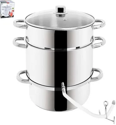 A multi-tier stainless steel steamer pot with a glass lid, shown from a slight diagonal angle.