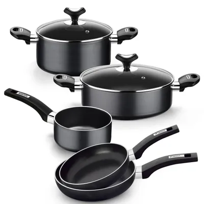 Kochgeschirr-Set 7-tlg. mit 2 Bratpfannen, Aluminium, Schwarz, Induktion