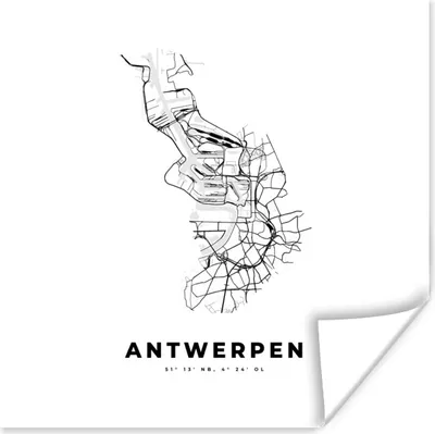 Produktbild von MuchoWow® Poster Karte - Stadtplan - Antwerpen - Belgien - Schwarz und weiß 50x50 cm - Wohnzimmerdekoration