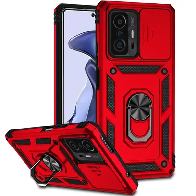 Immagine prodotto di Custodia per Xiaomi 11T / 11T Pro a doppio strato con copertura scorrevole della fotocamera e supporto ad anello rosso