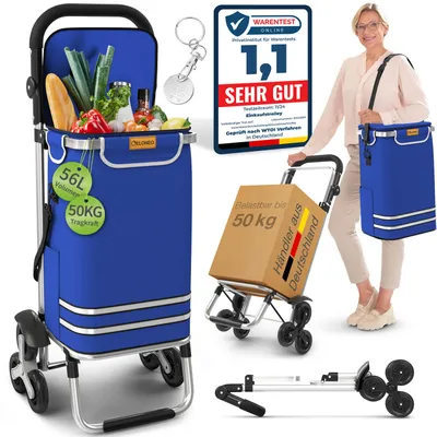Produktbild von ELONEO Einkaufstrolley Treppensteiger mit Kühlfach, Einkaufsroller klappbar, Shopping Trolley höhenverstellbar, abnehmbare Tasche 56 L - Blau