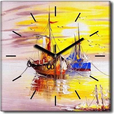 Produktbild von Coloray Uhr auf Leinwand 30x30 cm Wand Uhr Dekoration Wohnzimmer Segeltuch schwarze Hände -Sonnenuntergangboot