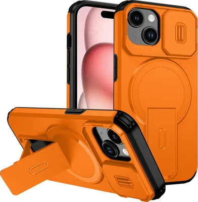 Obrázek produktu pro Magnetické pouzdro pro iPhone 15, dvouvrstvé odolné pouzdro s posuvnou ochranou fotoaparátu a nastavitelným stojánkem Oranžová