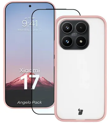 Produktbild von Schutzhülle + gehärtetem Glas für Xiaomi 17, Bizon Angelo Pack, Semitransparent mit hellrosem Rahmen