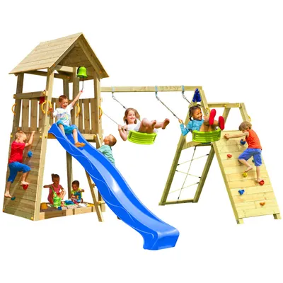 Produktbild von Spielturmking Spielturm BELVEDERE mit Rutsche + Kletterwand + Doppelschaukel - Blau DH813