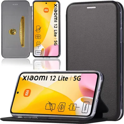 A product image showcasing a phone case for a Xiaomi 12 Lite 5G, displayed in a folded and open state, with a credit card inside the case.