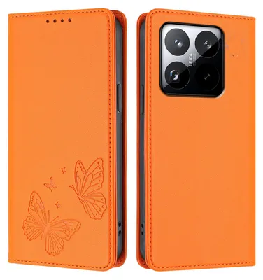 Obrázek produktu pro Kožené pouzdro pro Xiaomi 15T, motýlí ražbou, peněženkové flip pouzdro se stojánkem Oranžová