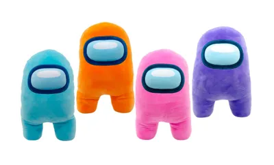 Four plush toys resembling characters from the game Among Us are arranged on a white background.
