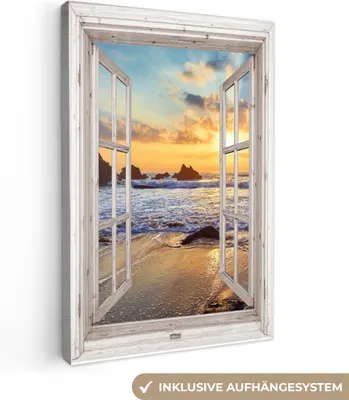 Produktbild von MuchoWow® - Leinwandbilder - Strand - Aussicht - Sonnenuntergang - Landschaft - Meer - Natur, Wandbild, Wanddeko Bilder Wohnzimmer, 60x90 cm