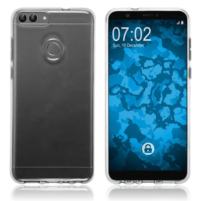 A collage showing the front and back of a transparent phone case on a white background, with the phone screen displaying the time and date.