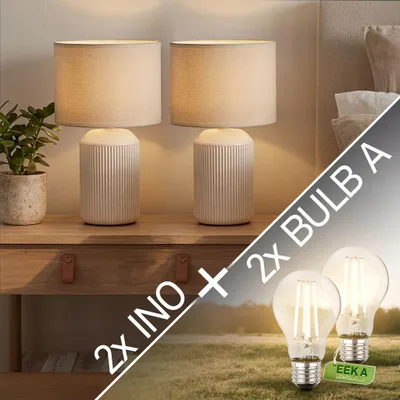 Immagine prodotto di Briloner Ino, lampada da tavolo, paralume in tessuto, interruttore a cavo, base in Vetroceramica, bianco, Ø22 x 37,5 cm