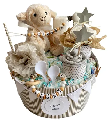 Produktbild von Windeltorte mit Kuscheltieren - Geschenk zur Geburt, Babyparty oder Taufe (Beige Boho) - Handgefertigt - ca. 30 Windeln Größe 3