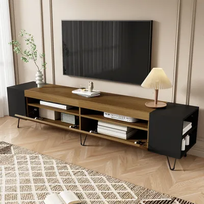 Produktbild von MODFU  TV-Schrank,mit 2Türen,Moderner TV-Schrank,180 L x 36 B x 43 H(cm), Schwarz und Holzoptik,Fernsehschrank,Wohnzimmermöbel