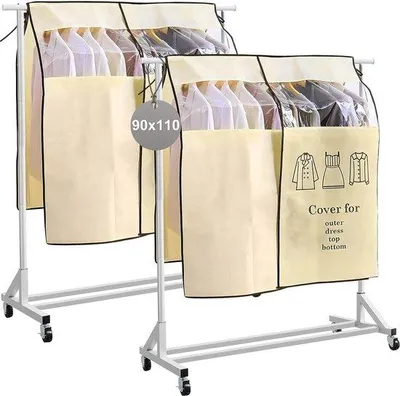 Image de Ensemble de 2 housses de protection pour vêtements Unyqoos®, dimensions 90 x 110 cm – housses en tissu non tissé respirant, protégeant de la poussière et de l'humidité, avec fenêtre transparente, fermeture velcro et sangles de fixation latérales