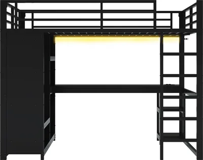 Produktbild von Merax Etagenbett Hochbett 140x200 cm, Kinderbett mit LED, Schreibtisch, offenem Kleiderschrank, Stockbett, Eisenbett, Jugendbett, Schwarz