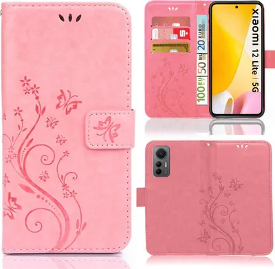 Produktbild von Handy Tasche für Xiaomi 12 Lite  Schutz Hülle Handyhülle mit Blumenmuster Klapp Hülle mit Standfunktion und Kartenfächer Rosa
