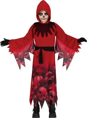 Immagine prodotto di Halloween Demon Costume con cappuccio Teschio Rosso Nero Spaventoso Costume per bambini Spaventosa celebrazione Masquerade Teschi Outfit, Dimensioni: 128/134 Colore: Rosso