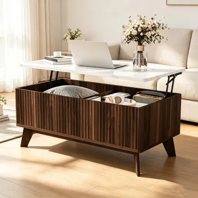 Productafbeelding van INONEFT salontafel met verstelbare tafelblad, moderne salontafel met poten van massief hout, multifunctionele salontafel, walnoothout + wit