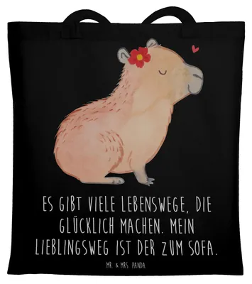 Produktbild von Mr. & Mrs. Panda canvas tasche Capybara Blume - Schwarz - Geschenk, Shopping, Einkaufstasche, Lustige Sprüche, Laptoptasche, Jutebeutel, Tote Bag