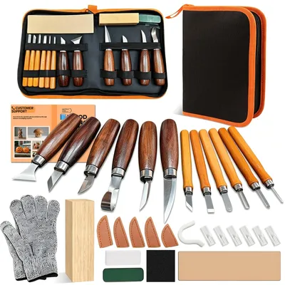 Produktbild von Holz Schnitzset 20 Teilig, Schnitzmesser & Schnitzwerkzeug Set für Anfänger und Erwachsene, Holzschnitzwerkzeug mit Schnittschutzhandschuhen, Schleifzubehör, Lindenholzblock und Aufbewahrungstasche