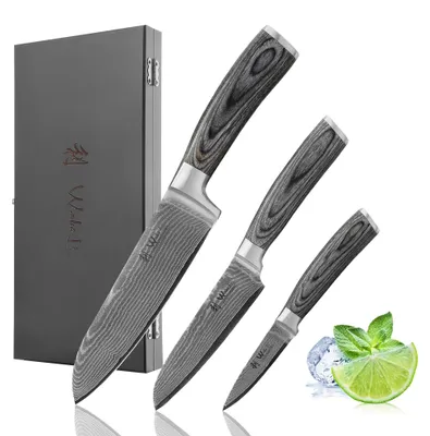 Damastmesser-Set 3-tlg., Santoku 17/12,5 cm, Gemüsemesser 8,5 cm