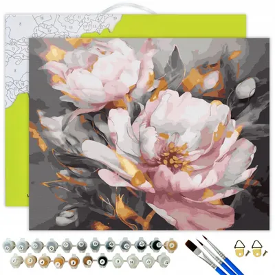 Immagine prodotto di Oh Art! Dipingi con i numeri fiori per adulti peonie 40x50 cm Set fai da te: colori acrilici incl. vernice dorata, 3 pennelli, tela con telaio in legno e accessori