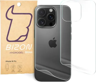 A product packaging for a Bizon Hydrogel Glass screen protector for an iPhone 16 Pro, shown next to the phone itself.