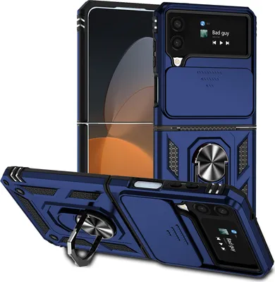 Produktbild von Galaxy Z Flip4 Hülle mit Schiebe Kamera Schutz und Ringhalter Ständer Robust Rüstung Schutzhülle für Samsung Galaxy Z Flip 4 5G Blau