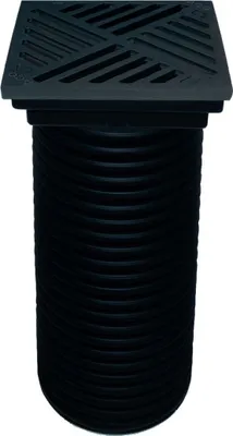 A black drainage grate and pipe assembly is shown against a white background.