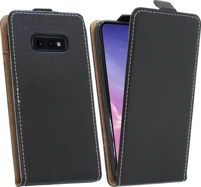 Two views of a black flip case for a smartphone, shown against a white background.