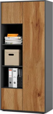 Image de SIMPLYFURN Armoire de bureau Amira T30 meuble de rangement avec trois compartiments ouverts, Anthrazit & Chêne Wotan, ouverture par pression, 180x80x40 cm idéal pour bureau et espace de travail