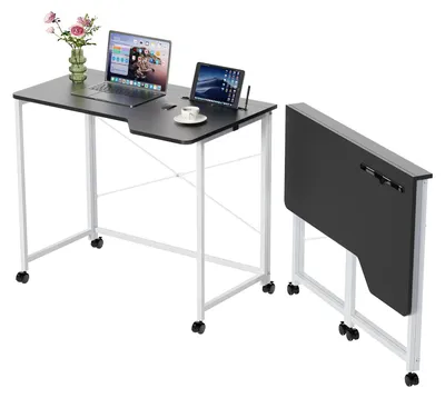 Produktbild von Klappbarer Schreibtisch - Computertisch Laptoptisch - 90x56x75 cm - Mit Rollen - Holz - Platzsparend für kleine Räume - Schwarz