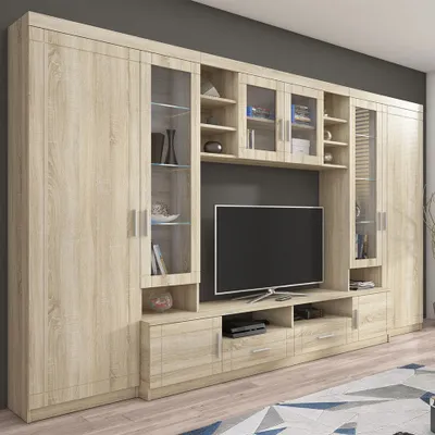 Produktbild von MIRJAN24 Wohnwand Paris, TV-Möbel, Große Anbauwand, Schrankwand, Wohnzimmer-Set (Sonoma Eiche, mit weißer LED Beleuchtung)
