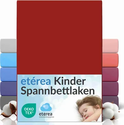 A product image showcasing multiple colors of fitted sheets, with a child sleeping on one of them.