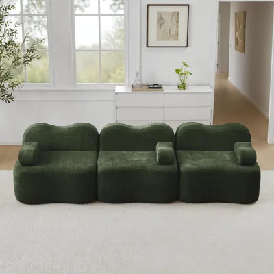 Produktbild von MODFU 3-Sitzer Sofa,Ecksofa mit Armlehnenkissen und Tiefe Sitzkissen,Zweisitzer Sofa mit Wellenform,ohne Ottoman,Schlafsofa mit Rahmenlose,Samt,Grün