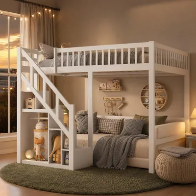 Produktbild von ProximaX Etagenbett 140x200cm mit Lattenrost, Kinderbett mit Rausfallschutz und Aufbewahrungsschrank, Hochbett mit Leiter und Regal, Massivholzbett