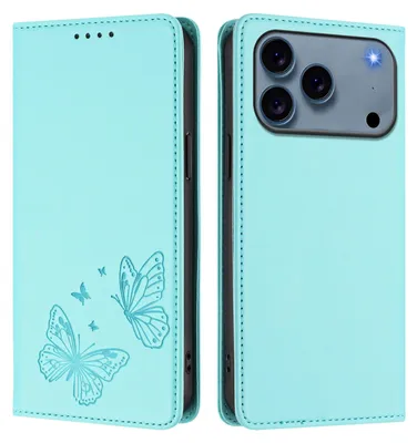 Obrázek produktu pro Kožené pouzdro pro iPhone 18 Pro, motýlí ražbou, peněženkové flip pouzdro se stojánkem Mátově zelená