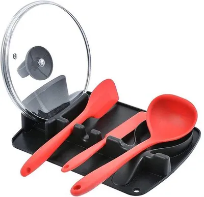 Immagine prodotto di Supporto da cucina in silicone - Portacoperchi - Portaposate - Portacucchiai - Portacoperchi - Portaforchette - Supporto da cucina - Portacoperchi per pentole - Bacchette da cucina in nero