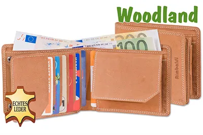 Produktbild von Woodland® Querformatbörse mit Platz für 11 Kreditkarten aus naturbelassenem, weichem Büffelleder in Cognac