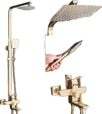 Produktbild von Wandmontiertes Regen-Duschset, verchromte Oberfläche, 8-Zoll Duschkopf, Gebürstetes Golden B