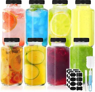 Productafbeelding van Glazen Flessen 250 ml - 8 Stuks - Herbruikbaar - Sapflessen - Shotflessen - Met PP-deksel - Inclusief Borstel/Etiketten - Flesjes