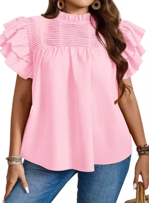 Image de TUUHAW - Tunique pour femme, été, col bateau, manches à volants, gris rosé, taille XXL