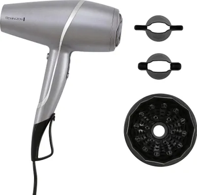 A silver Remington hairdryer with attachments on a white background.