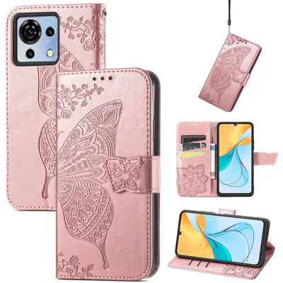 Image de Étui de protection en similicuir pour ZTE Blade V50 Vita, motif papillon, rose